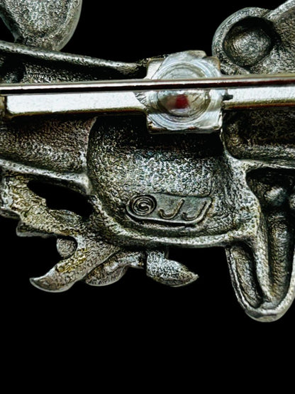 Vintage Signed JJ Jonette Pewter Smiling Frog on Flowers Brooch Pin 2.5"