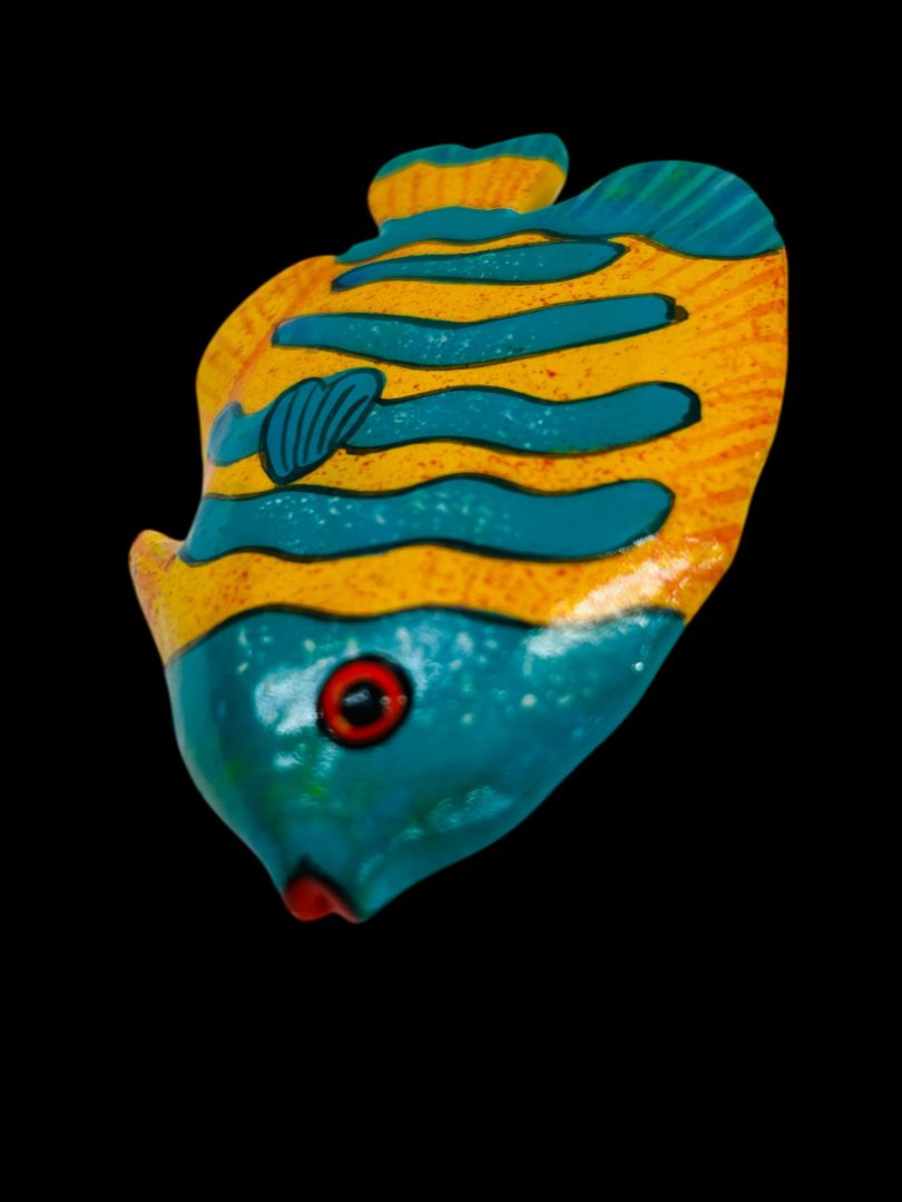 Tropical Fish Pin Brooch Papier Mache Lightweight Orange Teal 1.6"