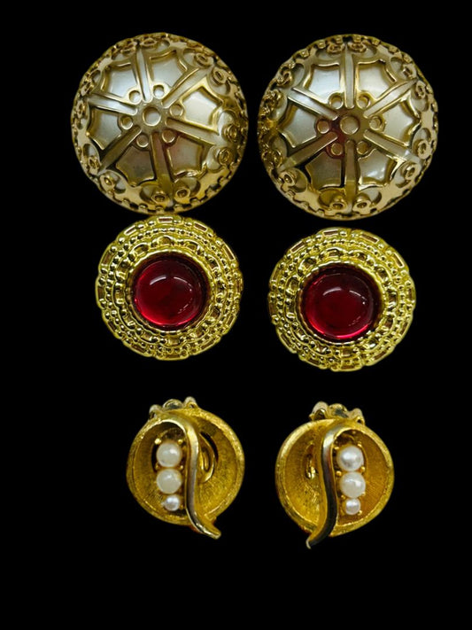 Lot of 3 Pair Clip On Non-Pierced Earrings Goldtone Vintage Button Style