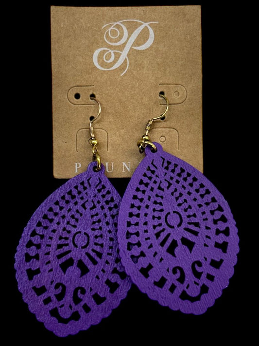 New Plunder Purple Balsa Wood Lasercut Earrings Fishhook 3" Drop