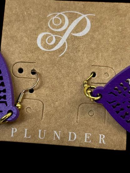 New Plunder Purple Balsa Wood Lasercut Earrings Fishhook 3" Drop