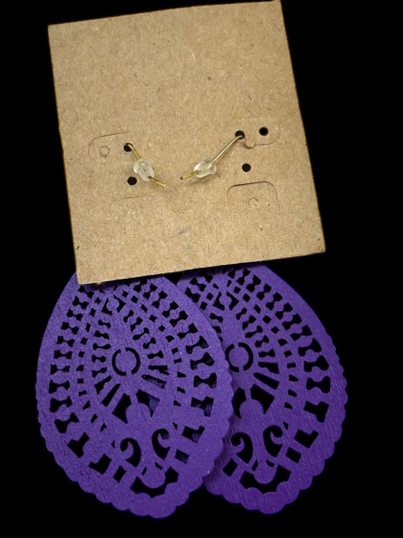 New Plunder Purple Balsa Wood Lasercut Earrings Fishhook 3" Drop