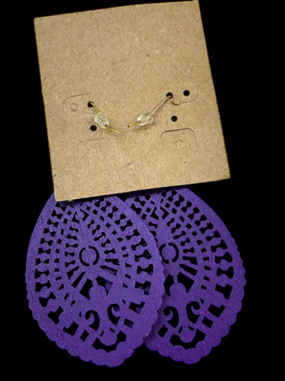 New Plunder Purple Balsa Wood Lasercut Earrings Fishhook 3" Drop