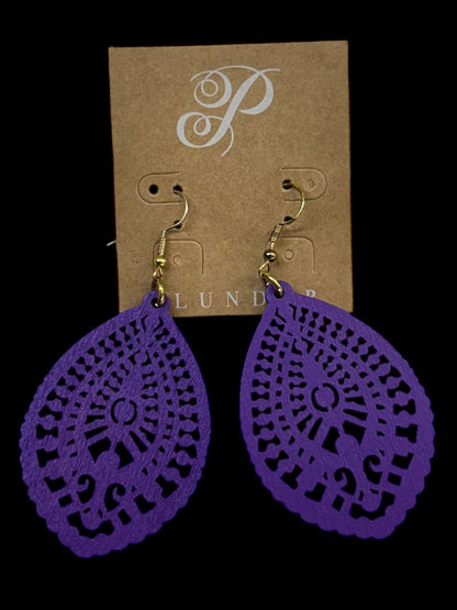 New Plunder Purple Balsa Wood Lasercut Earrings Fishhook 3" Drop
