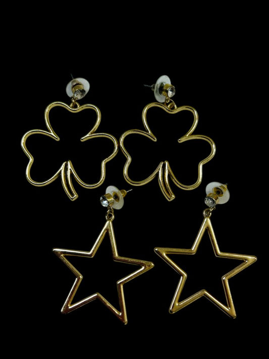 2 Pair Goldtone Pierced Earrings Shamrock Star 1.5-1.75" Drop