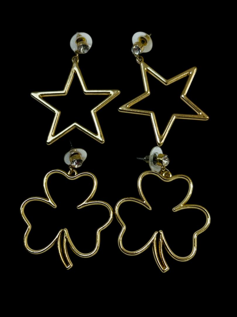 2 Pair Goldtone Pierced Earrings Shamrock Star 1.5-1.75" Drop
