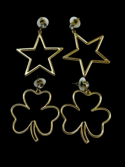 2 Pair Goldtone Pierced Earrings Shamrock Star 1.5-1.75" Drop