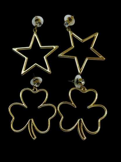2 Pair Goldtone Pierced Earrings Shamrock Star 1.5-1.75" Drop