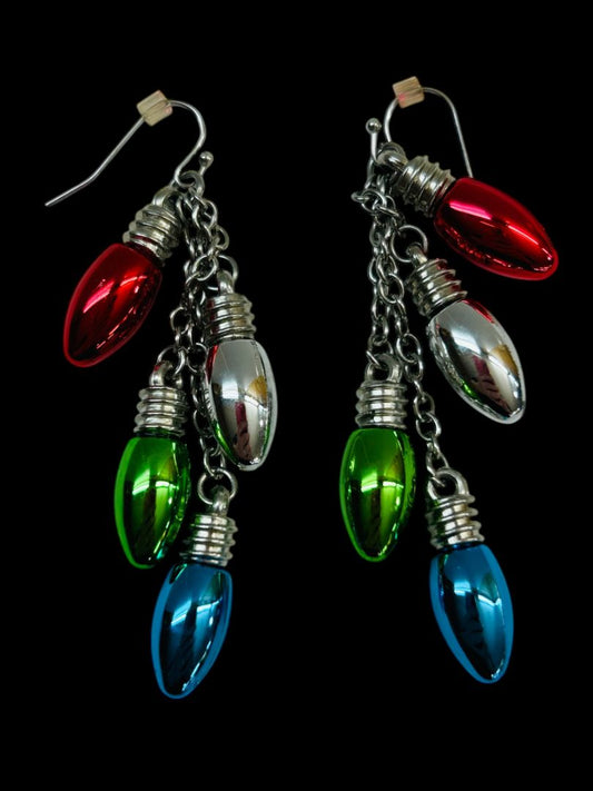 Silvertone Holiday Christmas Bulb Pierced Fishhook Earrings 2.75" Drop