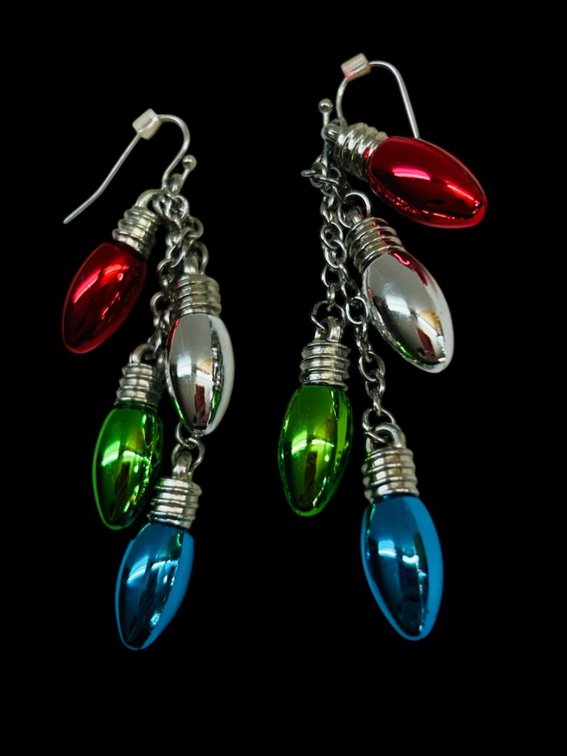 Silvertone Holiday Christmas Bulb Pierced Fishhook Earrings 2.75" Drop
