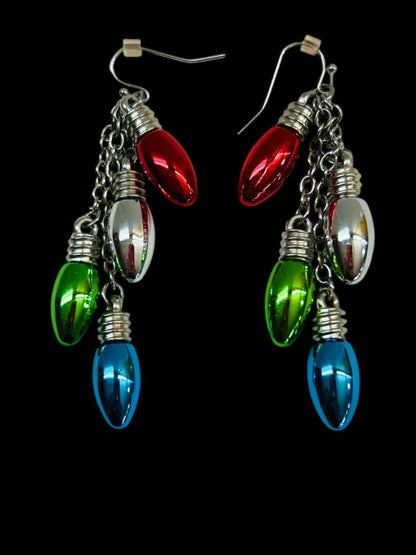 Silvertone Holiday Christmas Bulb Pierced Fishhook Earrings 2.75" Drop