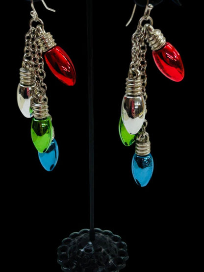 Silvertone Holiday Christmas Bulb Pierced Fishhook Earrings 2.75" Drop