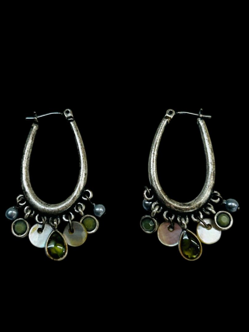 Silvertone Latchback Oval Hoop Earrings Beaded Boho Style 1.5" Drop