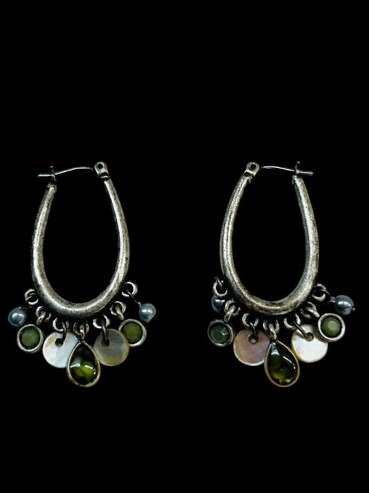 Silvertone Latchback Oval Hoop Earrings Beaded Boho Style 1.5" Drop