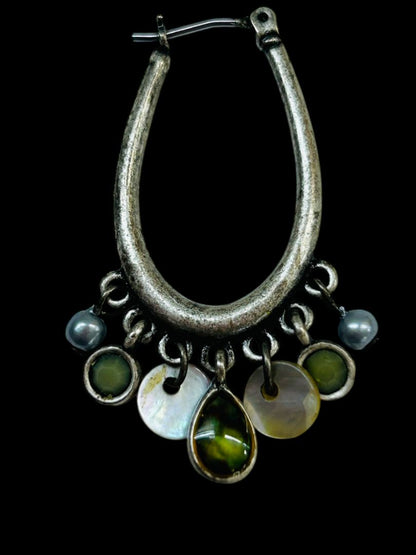 Silvertone Latchback Oval Hoop Earrings Beaded Boho Style 1.5" Drop