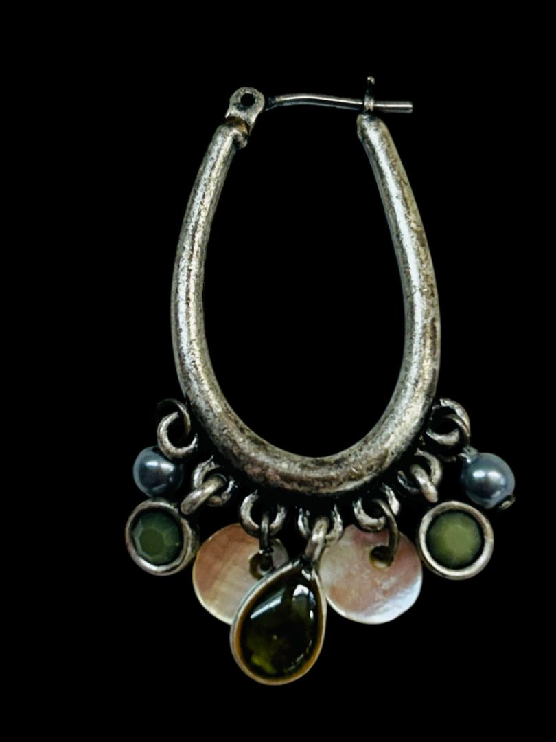 Silvertone Latchback Oval Hoop Earrings Beaded Boho Style 1.5" Drop