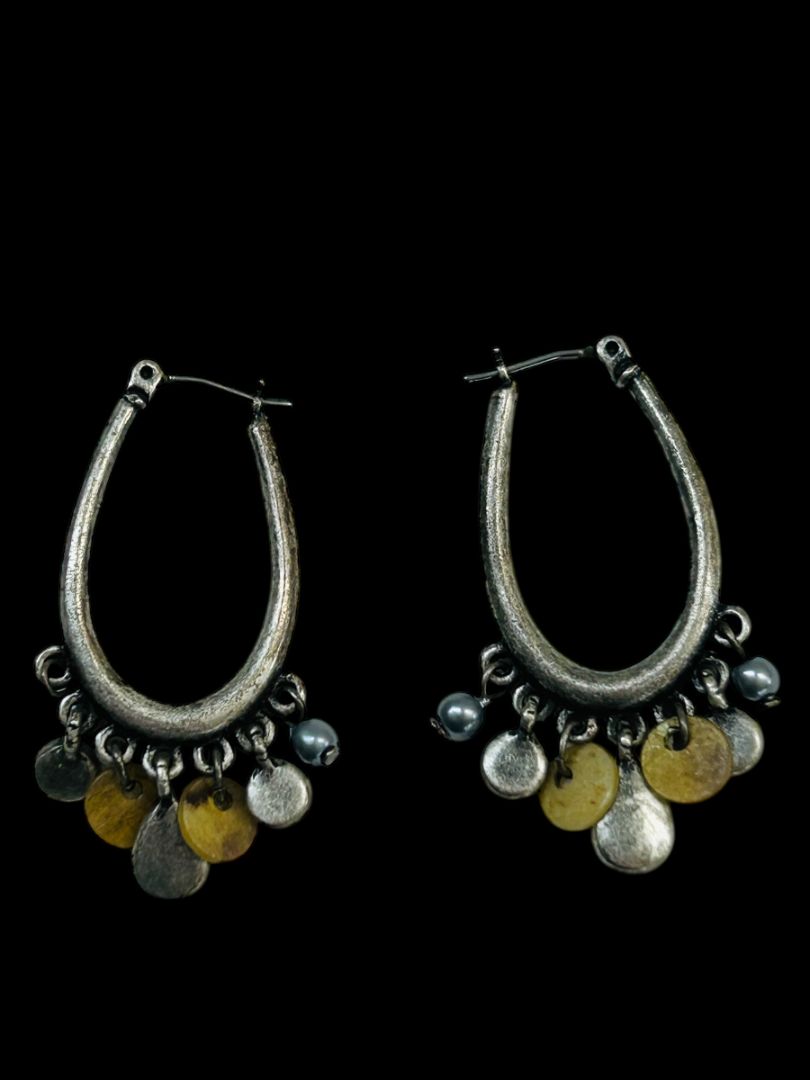 Silvertone Latchback Oval Hoop Earrings Beaded Boho Style 1.5" Drop