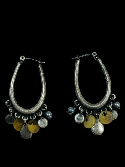 Silvertone Latchback Oval Hoop Earrings Beaded Boho Style 1.5" Drop