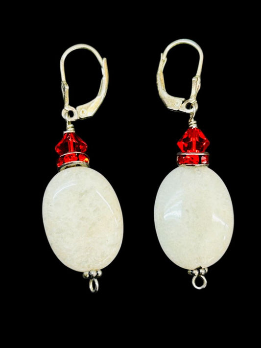 White Red Silvertone Pierced Leverback Earrings 2" Drop
