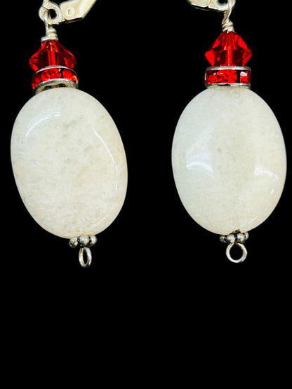 White Red Silvertone Pierced Leverback Earrings 2" Drop