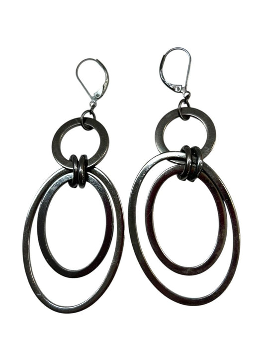Pewter Color Pierced Leverback Earrings Ovals Circles 3.25" Drop