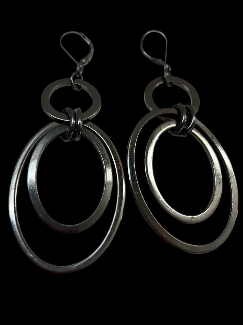 Pewter Color Pierced Leverback Earrings Ovals Circles 3.25" Drop
