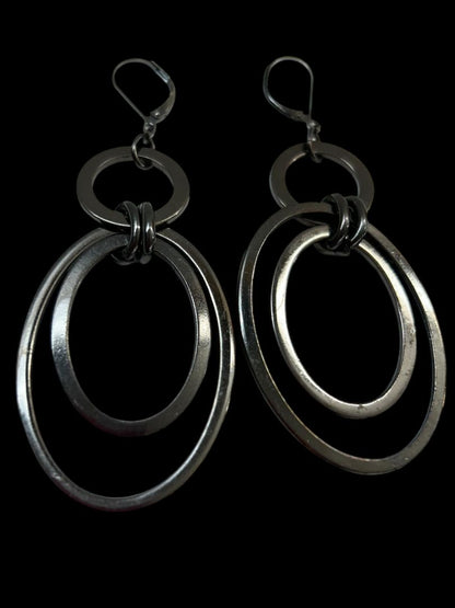 Pewter Color Pierced Leverback Earrings Ovals Circles 3.25" Drop