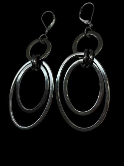 Pewter Color Pierced Leverback Earrings Ovals Circles 3.25" Drop