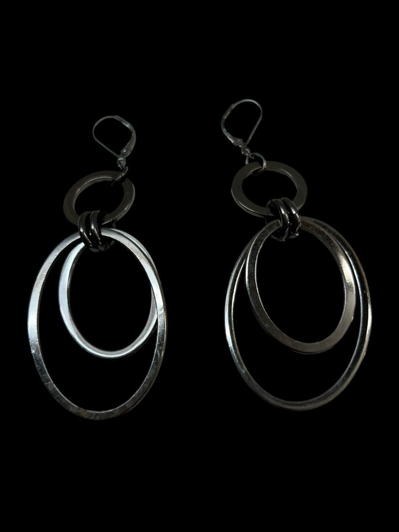 Pewter Color Pierced Leverback Earrings Ovals Circles 3.25" Drop