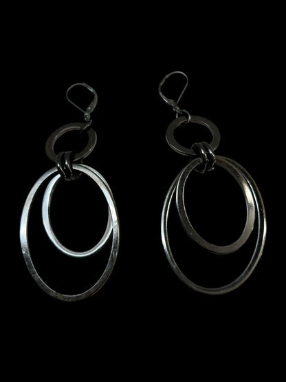 Pewter Color Pierced Leverback Earrings Ovals Circles 3.25" Drop