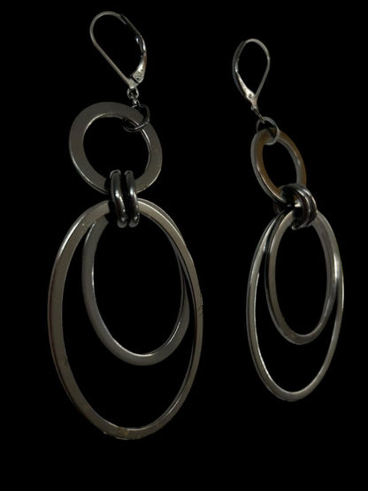 Pewter Color Pierced Leverback Earrings Ovals Circles 3.25" Drop