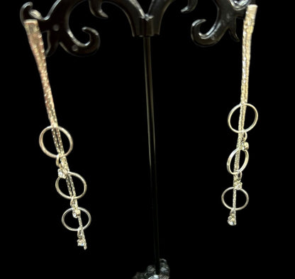 Silvertone Post Pierced Earrings Chain Circles 3.5" Drop Dangle