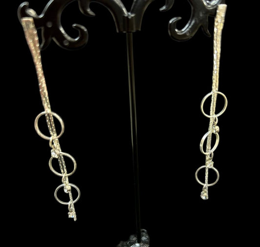 Silvertone Post Pierced Earrings Chain Circles 3.5" Drop Dangle