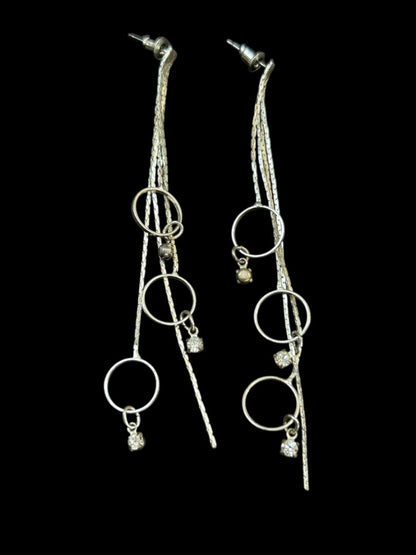Silvertone Post Pierced Earrings Chain Circles 3.5" Drop Dangle