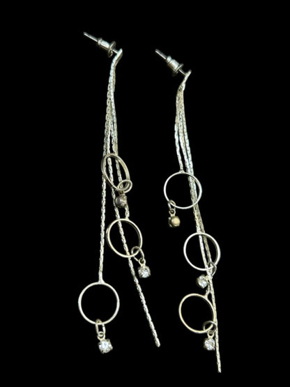 Silvertone Post Pierced Earrings Chain Circles 3.5" Drop Dangle