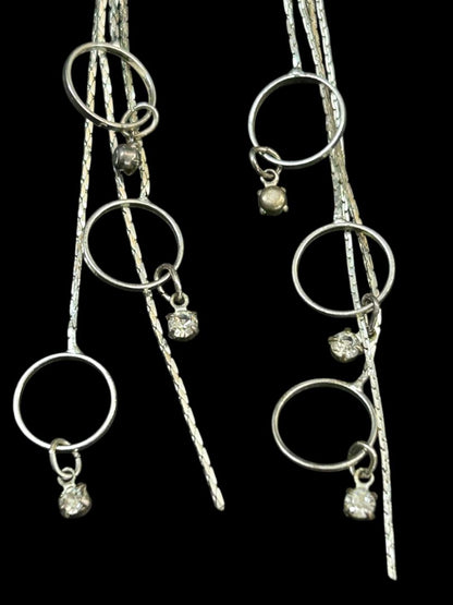 Silvertone Post Pierced Earrings Chain Circles 3.5" Drop Dangle