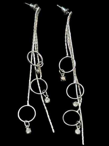 Silvertone Post Pierced Earrings Chain Circles 3.5" Drop Dangle