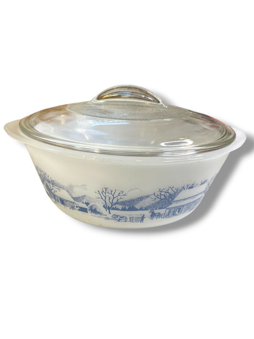 Vintage Glasbake 1.5 Quart Lidded Casserole Currier and Ives Milkglass