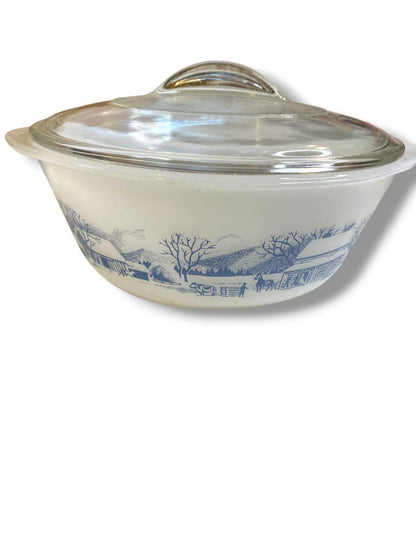 Vintage Glasbake 1.5 Quart Lidded Casserole Currier and Ives Milkglass