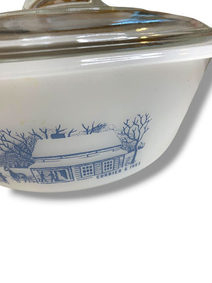 Vintage Glasbake 1.5 Quart Lidded Casserole Currier and Ives Milkglass