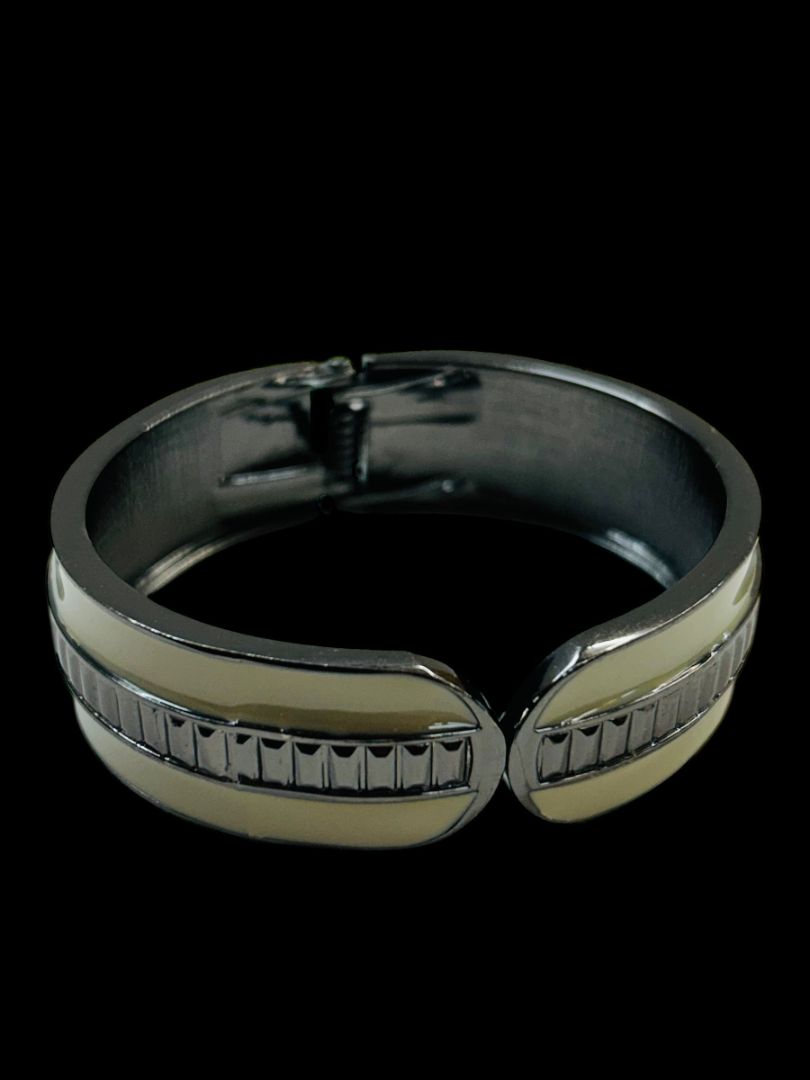 Hinged Bangle Bracelet Pewter Color Enameled Taupe Gray 2.4" Inside Diameter