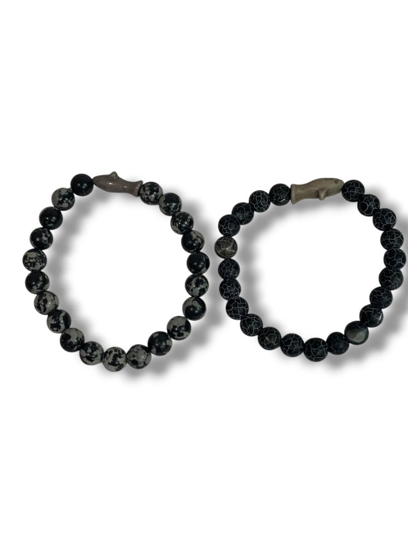 Set of 2 Black Beaded Stretch Bracelets Shark Spacers Acrylic