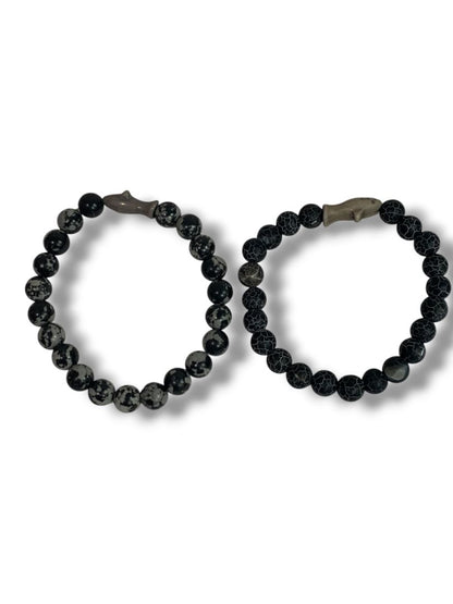 Set of 2 Black Beaded Stretch Bracelets Shark Spacers Acrylic