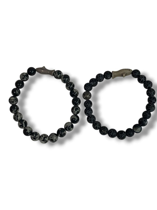 Set of 2 Black Beaded Stretch Bracelets Shark Spacers Acrylic