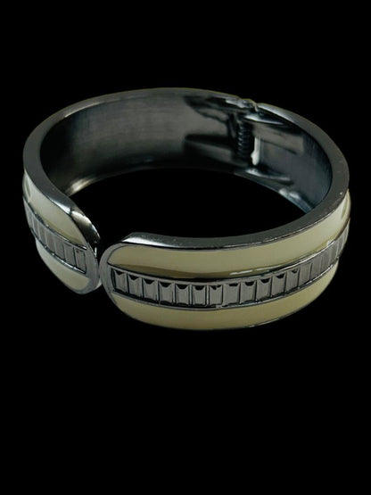 Hinged Bangle Bracelet Pewter Color Enameled Taupe Gray 2.4" Inside Diameter