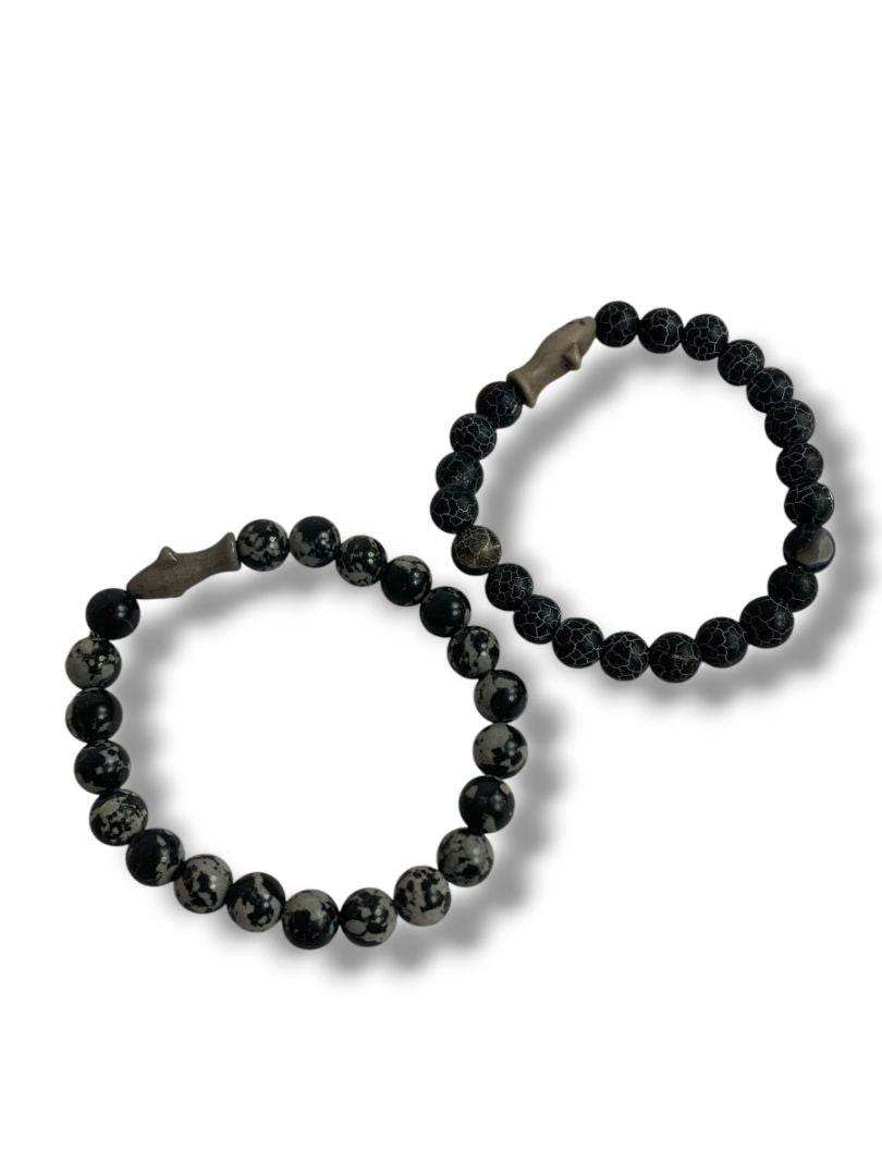Set of 2 Black Beaded Stretch Bracelets Shark Spacers Acrylic