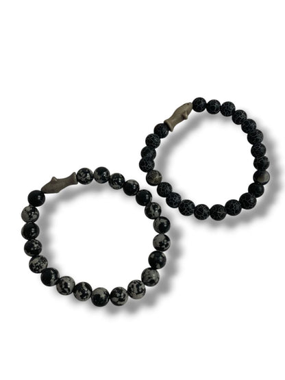 Set of 2 Black Beaded Stretch Bracelets Shark Spacers Acrylic