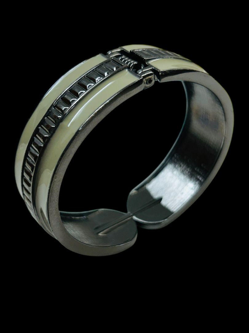 Hinged Bangle Bracelet Pewter Color Enameled Taupe Gray 2.4" Inside Diameter