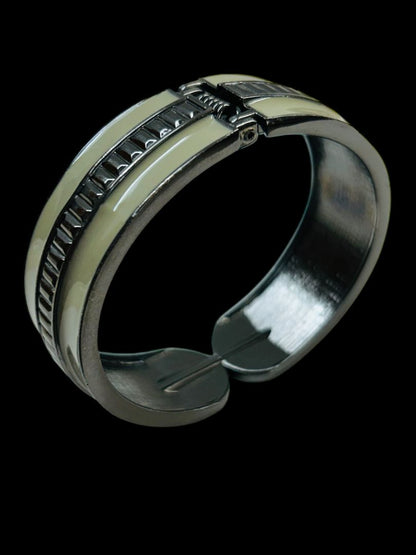 Hinged Bangle Bracelet Pewter Color Enameled Taupe Gray 2.4" Inside Diameter