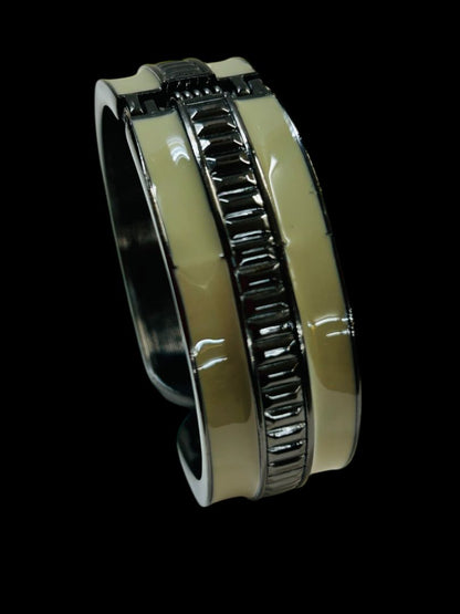 Hinged Bangle Bracelet Pewter Color Enameled Taupe Gray 2.4" Inside Diameter